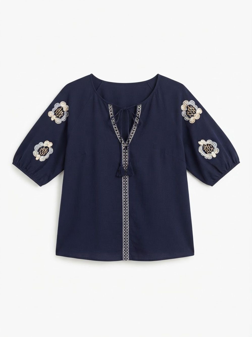 Boho Black Tunic Top Floral Embroidered Split Neck Short Sleeve Large - Picture 1 of 7